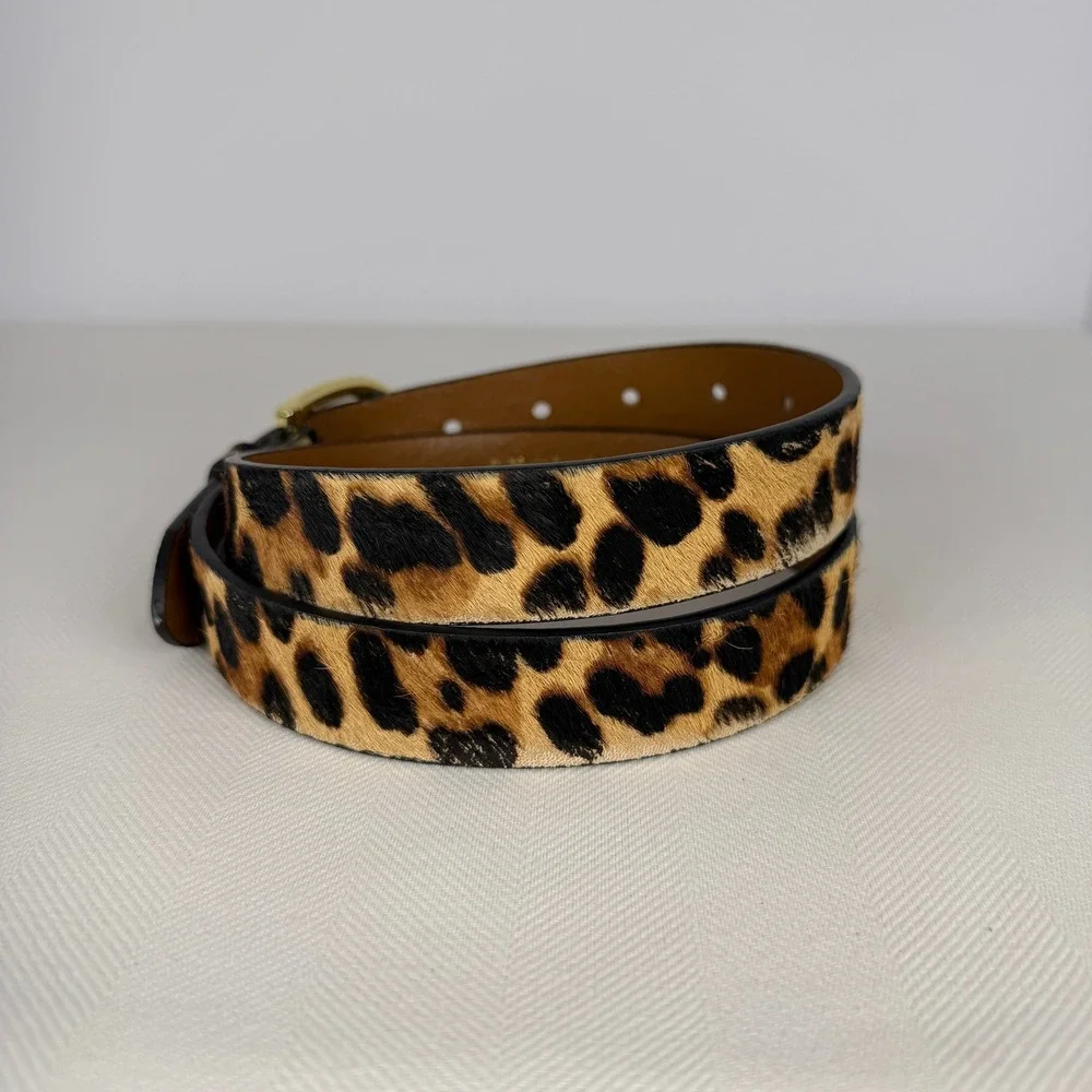 Statement J.Crew Leopard Calf Hair Belt Gold Buckle Animal Print Tan Brown